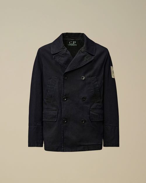 3/4 Plated Denim Pea Coat - Blue